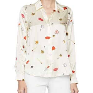 L'AGENCE Silk Cream Button Down Shirt with Makeup Print